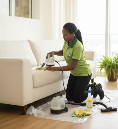 KHAYAFRESH team member steam cleaning a sofa